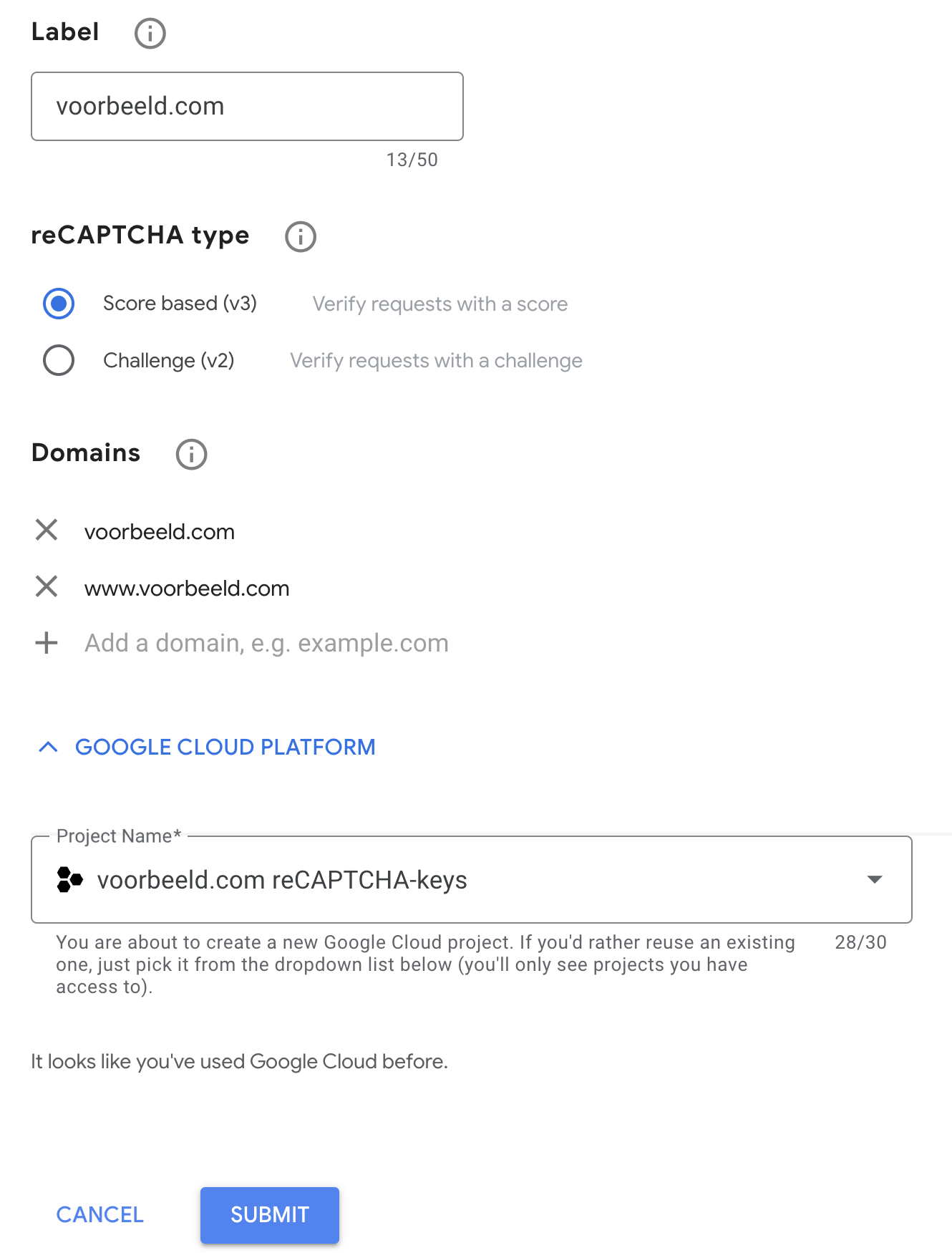 instructies reCAPTCHA-keys