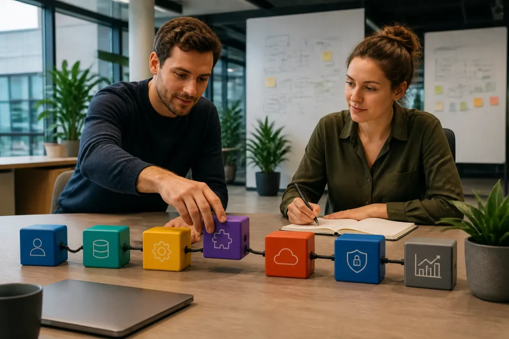 twee mensen in een kantoor schuiven gekleurde modulaire blokken met kabels in elkaar op een grote tafel