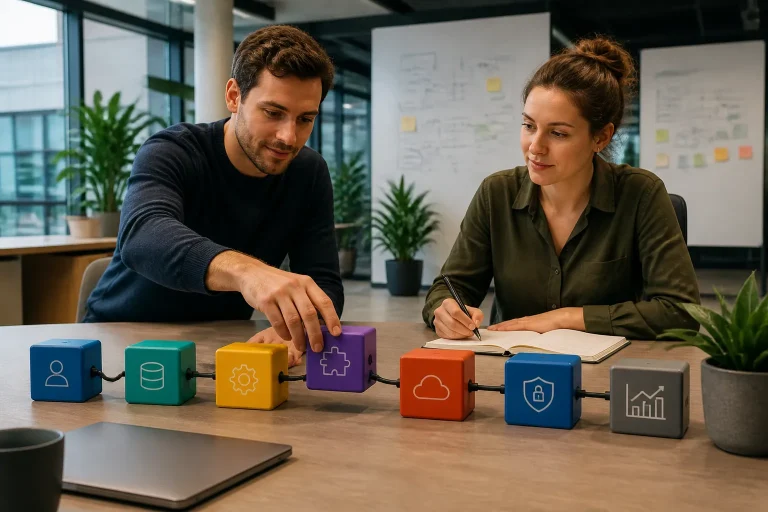 twee mensen in een kantoor schuiven gekleurde modulaire blokken met kabels in elkaar op een grote tafel