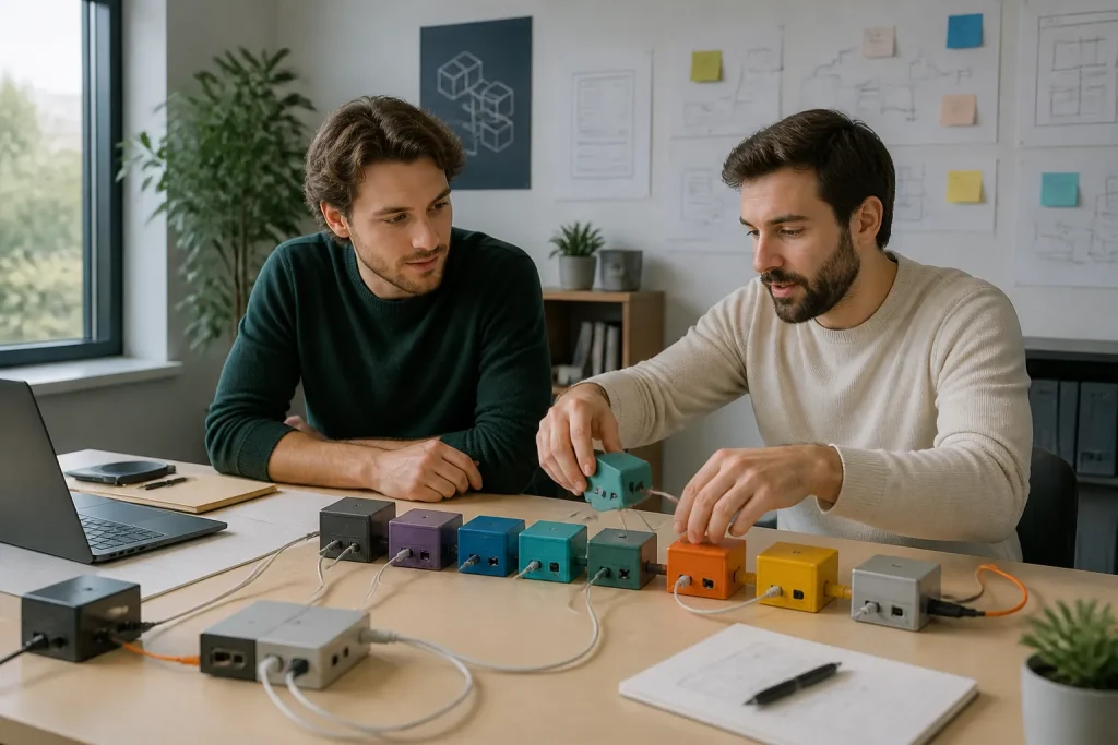 twee developers koppelen gekleurde modulaire blokken met kabels aan elkaar op een tafel in een moderne werkruimte