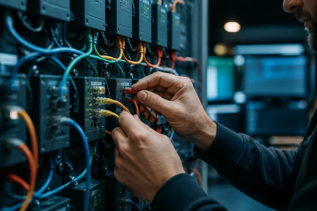 webdeveloper verbindt kleurrijke modulaire systemen met kabels als metafoor voor api koppeling