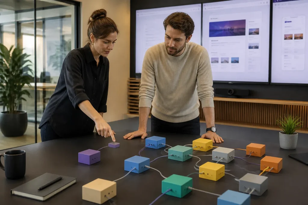twee mensen in een kantoor verbinden gekleurde modulaire blokken met kabels op een tafel terwijl schermen met websites op de