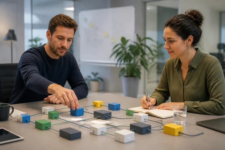 twee collega’s verbinden gekleurde modulaire blokken met kabels op een tafel in een rustig kantoor