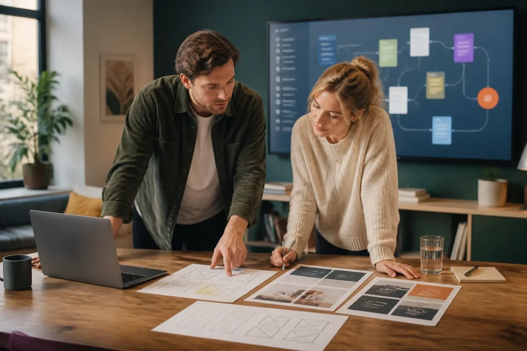 twee specialisten bespreken een op maat ontworpen webapplicatie met wireframes en schermontwerpen op tafel