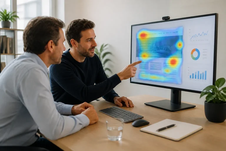 ondernemer en adviseur kijken samen naar monitor met website, heatmaps en meetgrafieken in rustige kantoorruimte