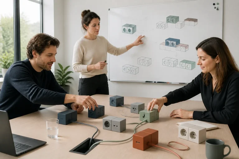drie collega’s vergelijken op een tafel verschillende gekleurde blokken die met kabels zijn gekoppeld