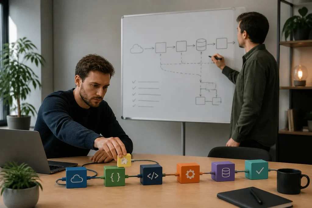 twee ontwikkelaars verbinden gekleurde modulaire blokken met kabels op een kantoortafel