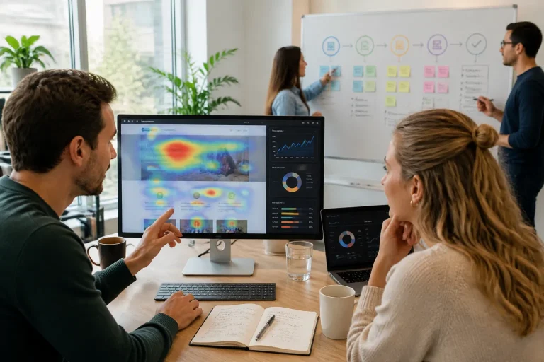 team aan bureau kijkt naar monitor met website, kleurrijke heatmaps en grafieken terwijl collega’s bij whiteboard het proces
