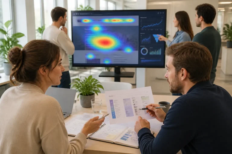 team in kantoortuin bespreekt rapporten terwijl op grote monitor een website met kleurrijke heatmaps en meetgrafieken staat