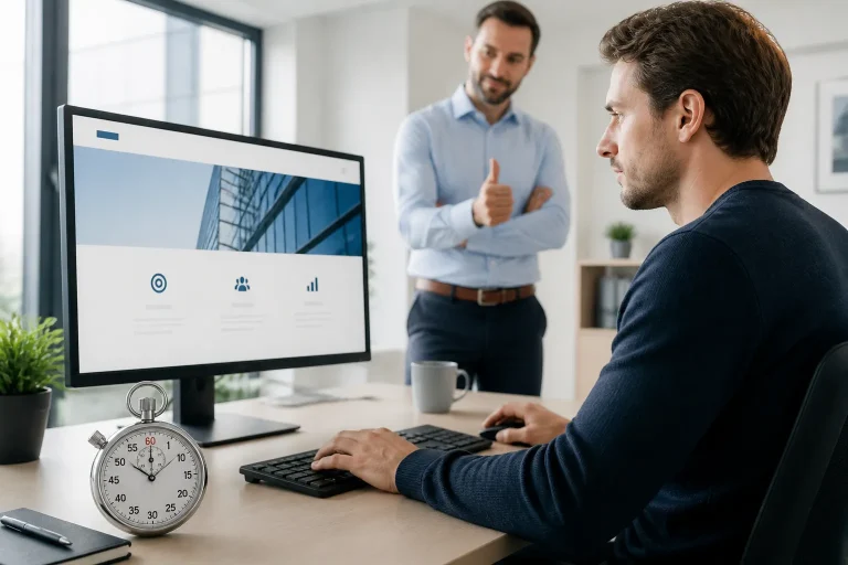 medewerker aan bureau met groot analoge stopwatch naast toetsenbord terwijl collega meekijkt