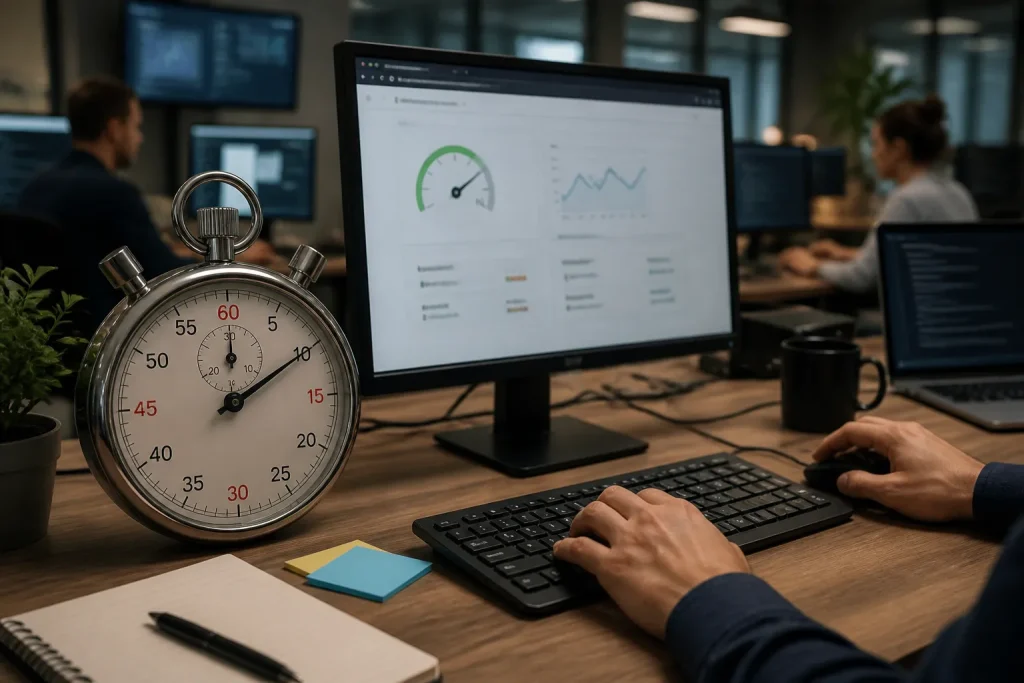 grote analoge stopwatch naast computertoetsenbord op druk kantoor met mensen en schermen