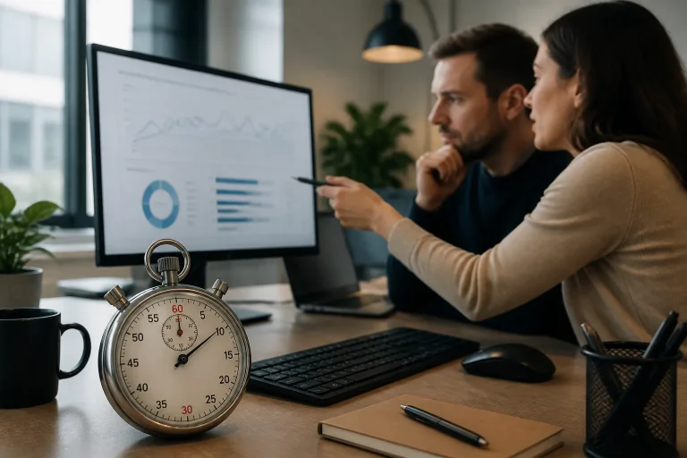 grote analoge stopwatch naast toetsenbord terwijl twee mensen laadtijden op een computerscherm bespreken