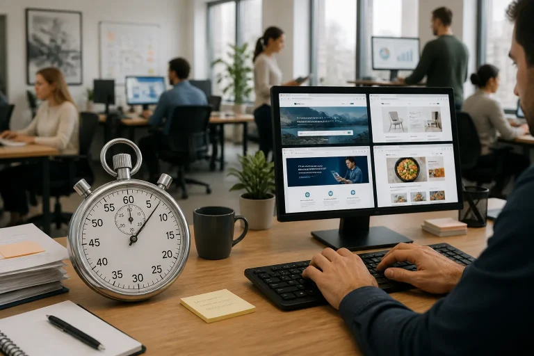 grote analoge stopwatch naast toetsenbord op druk bureau in open kantoor met werkende collega’s