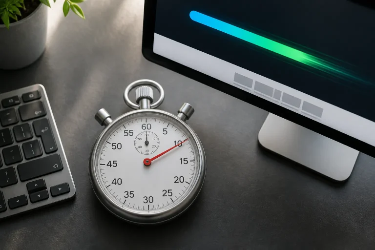 grote stopwatch naast toetsenbord en monitor met snel ladende website