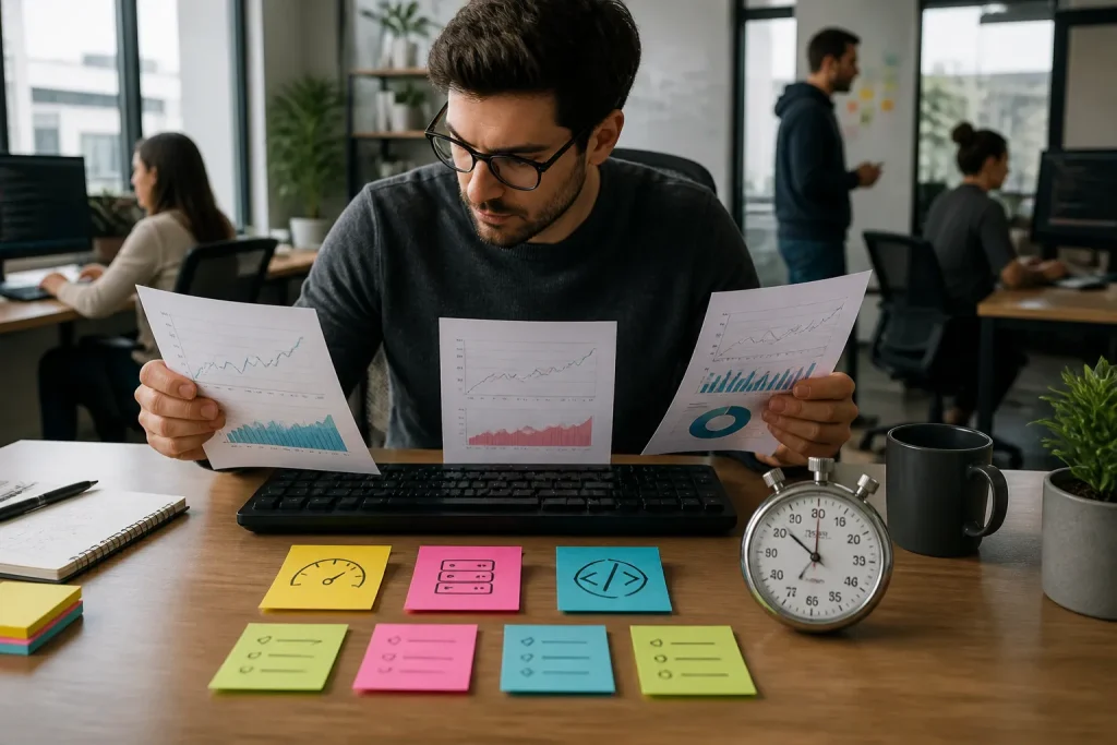 webdeveloper aan bureau vergelijkt website-snelheidsopties met grote analoge stopwatch naast toetsenbord