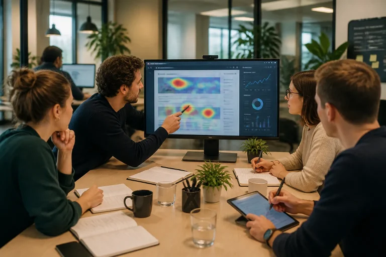 team rond bureau bespreekt monitor met bestaande website vol kleurrijke heatmaps en meetgrafieken