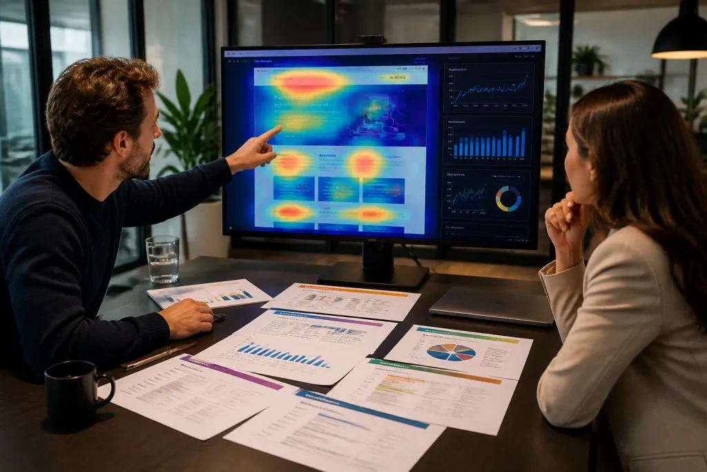 twee collega’s vergelijken rapporten terwijl op een monitor een website met heatmaps en meetgrafieken staat