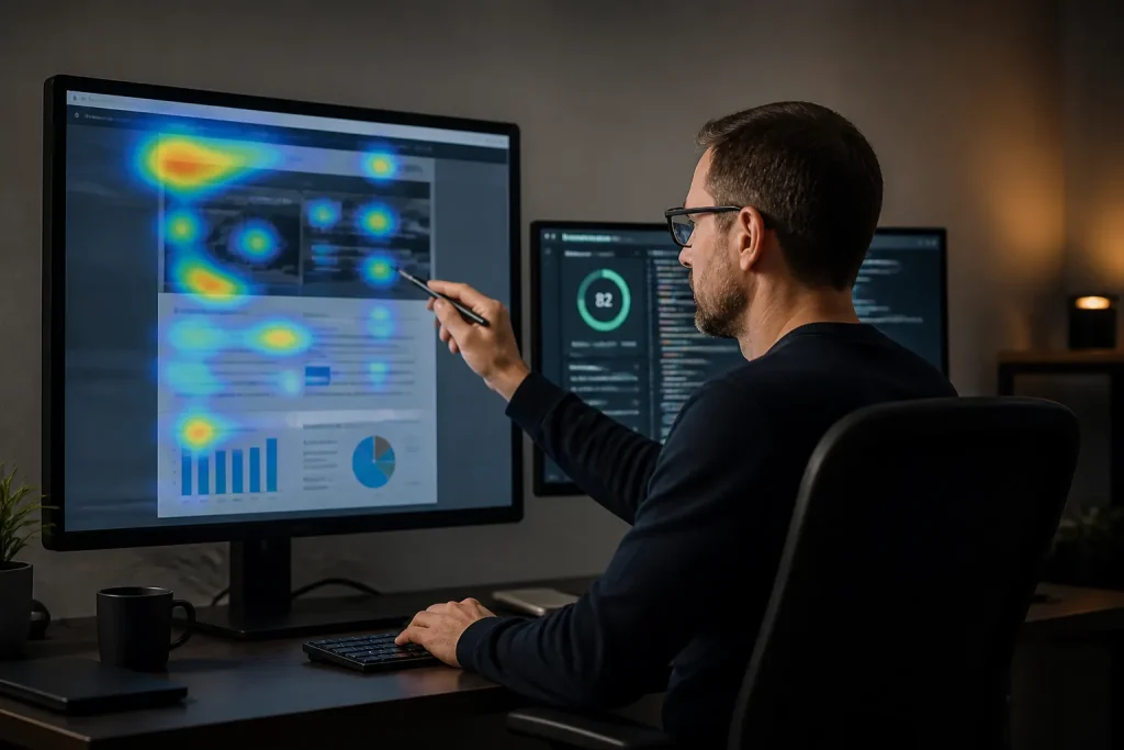 specialist analyseert bestaande website met heatmaps en laadtijd-grafieken op groot scherm