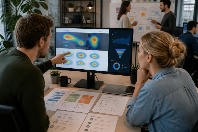 twee specialisten bespreken website optimalisatiepakketten bij monitor met heatmaps en grafieken