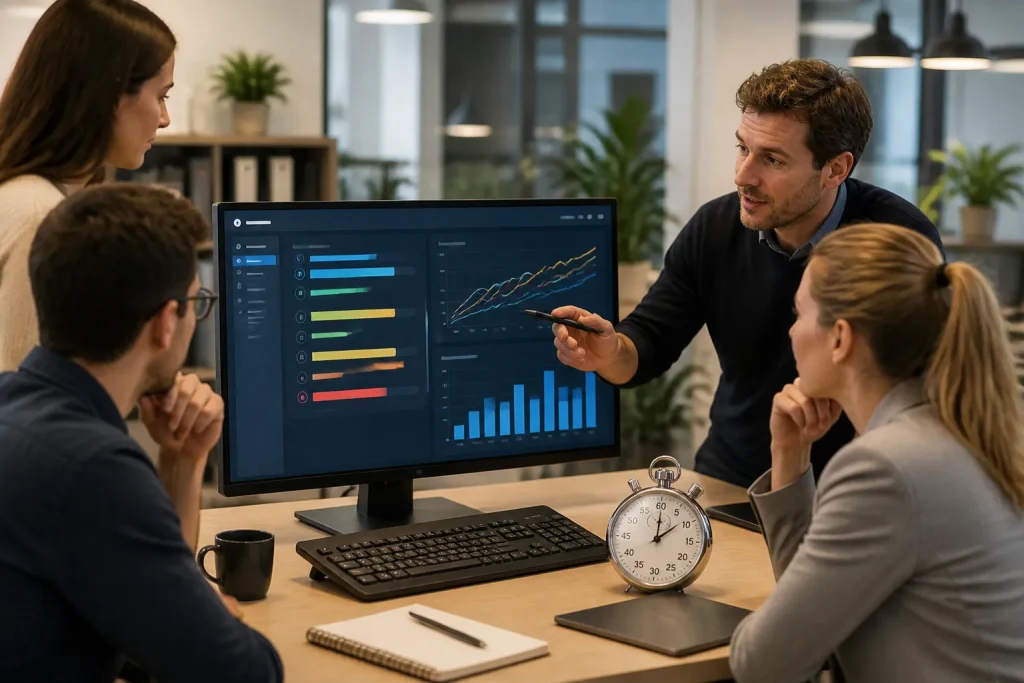 collega’s rond een bureau met toetsenbord en grote stopwatch terwijl ze snelheidsrapporten op een computerscherm bespreken