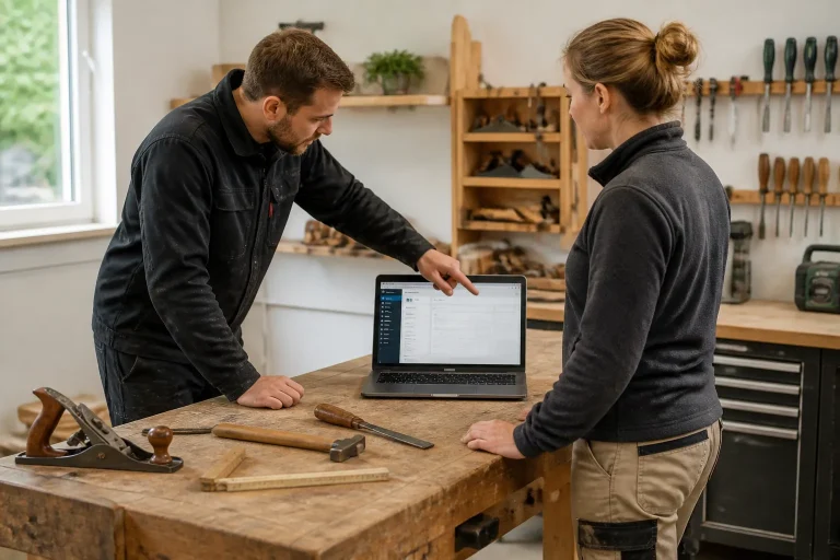 open laptop met wordpress-dashboard op houten werkbank vol handgereedschap, twee mensen bespreken samen het scherm