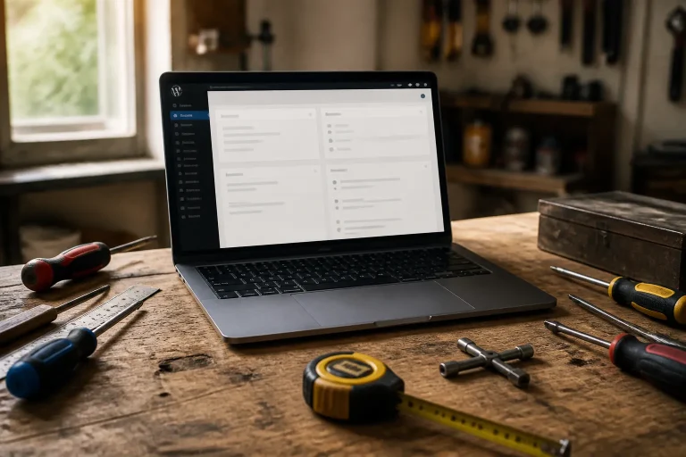 open laptop met wordpress-dashboard op een houten werkbank naast verspreid liggend gereedschap