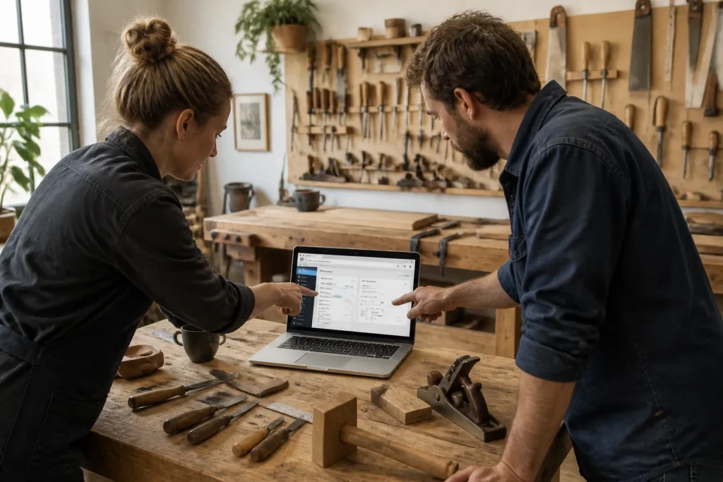 twee mensen in een werkplaats vergelijken opties op een open laptop met wordpress-dashboard tussen handgereedschap op een