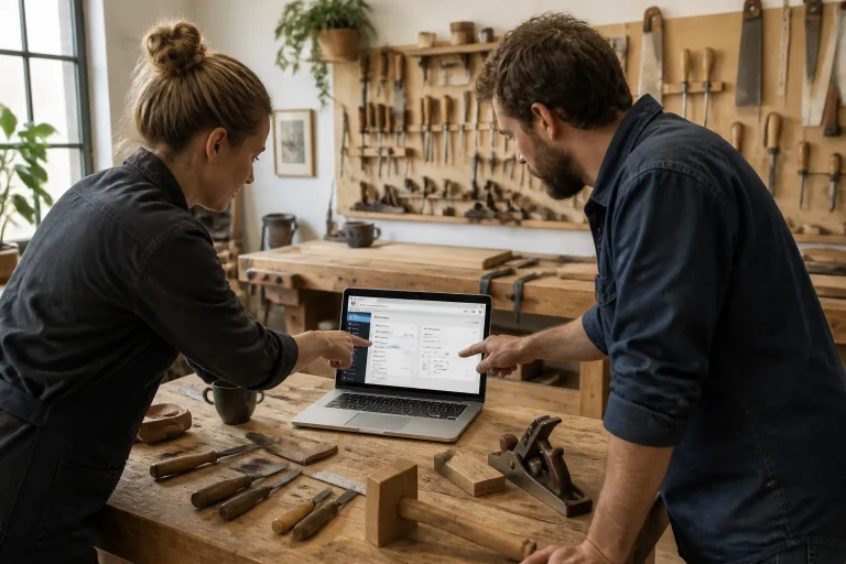 twee mensen in een werkplaats vergelijken opties op een open laptop met wordpress-dashboard tussen handgereedschap op een