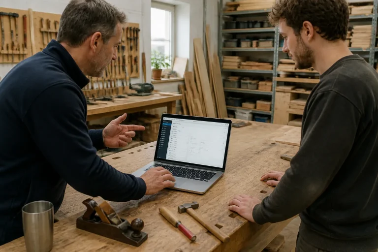 twee mensen bij een houten werkbank met open laptop met wordpress-dashboard tussen handgereedschap