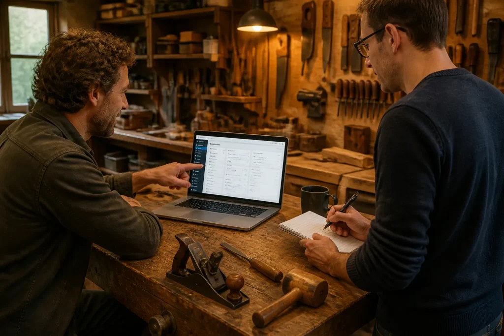 twee mensen overleggen bij een houten werkbank met een open laptop met wordpress-dashboard tussen handgereedschap