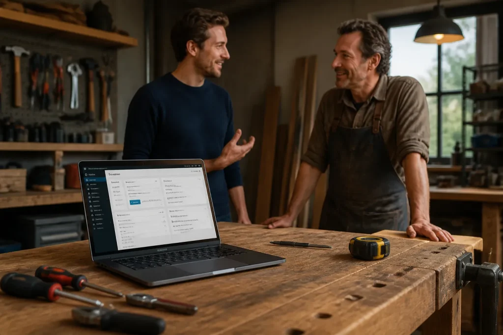 werkbank met open laptop op wordpress-dashboard en gereedschap terwijl ondernemer en specialist in de achtergrond overleggen