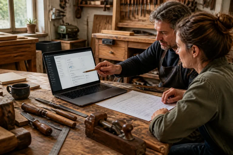 in een ambachtelijke werkplaats bespreken twee mensen een planning naast een open laptop met wordpress-dashboard tussen