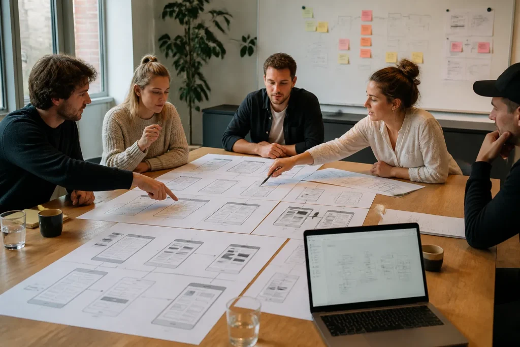 team rond grote tafel met laptop en wireframes van webapplicatie terwijl zij samen het ontwikkelproces bespreken