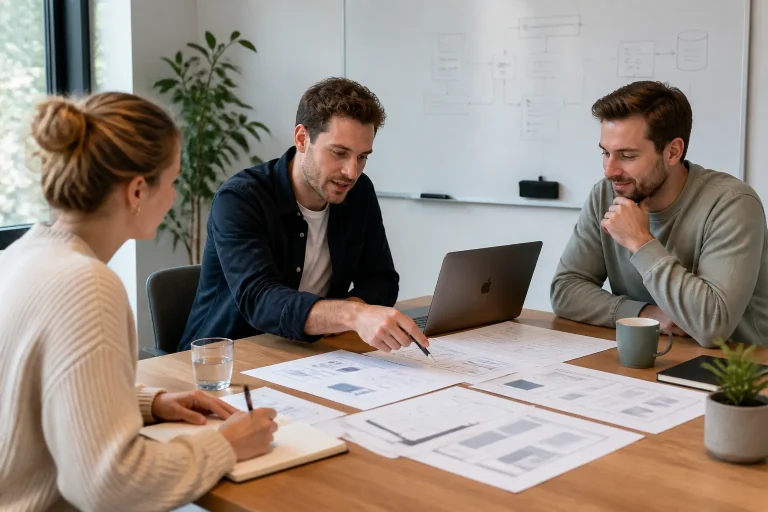 team bespreekt aan grote tafel een maatwerk webapp met laptop en wireframes