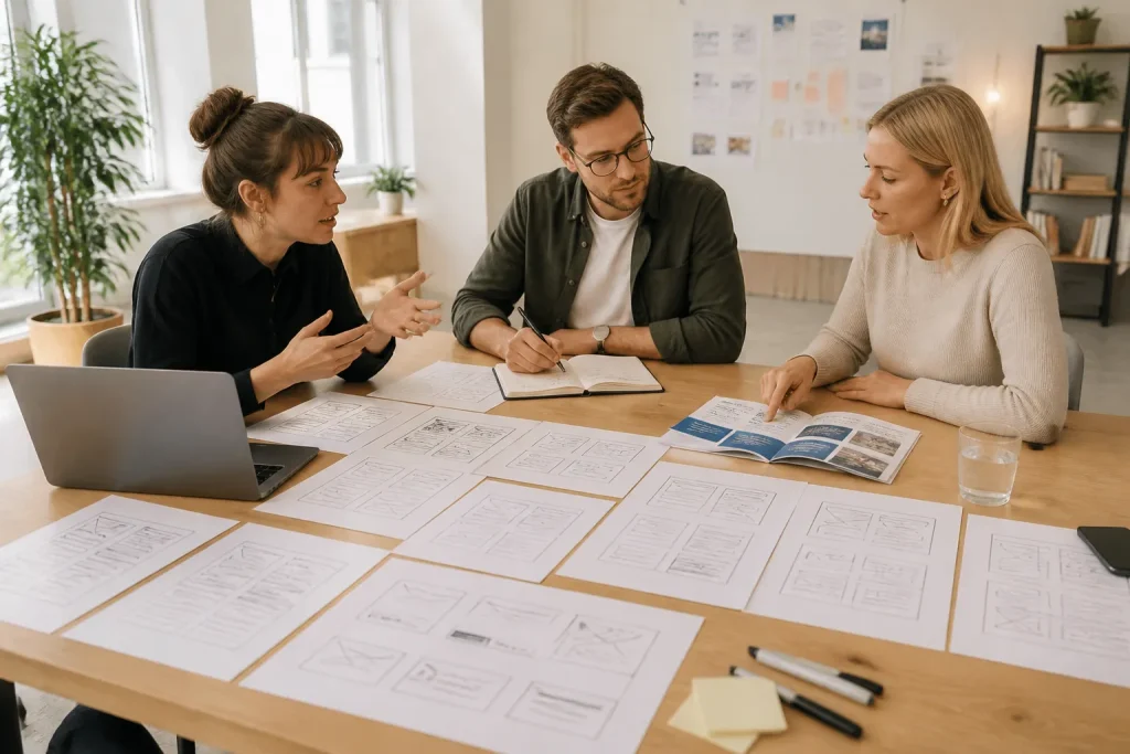 team rond grote tafel bespreekt wireframes van webapplicatie naast print van standaard weboplossing