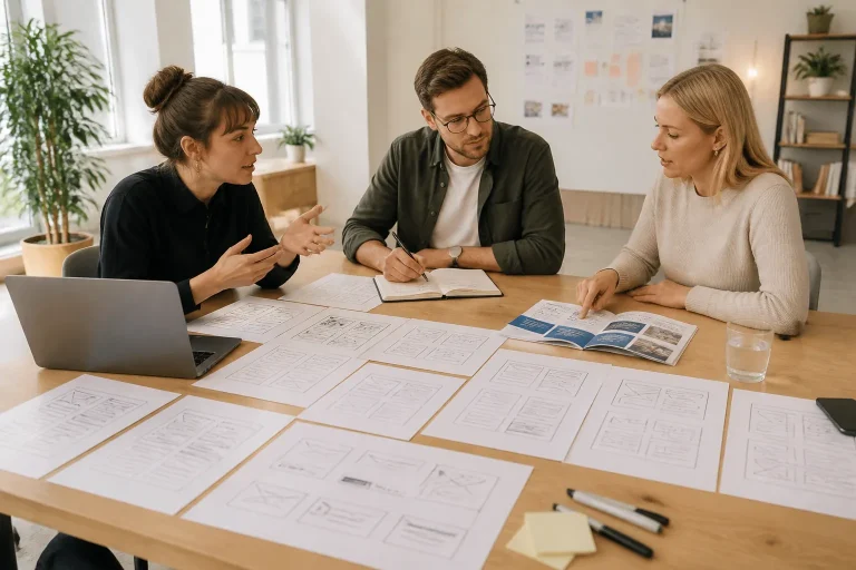 team rond grote tafel bespreekt wireframes van webapplicatie naast print van standaard weboplossing